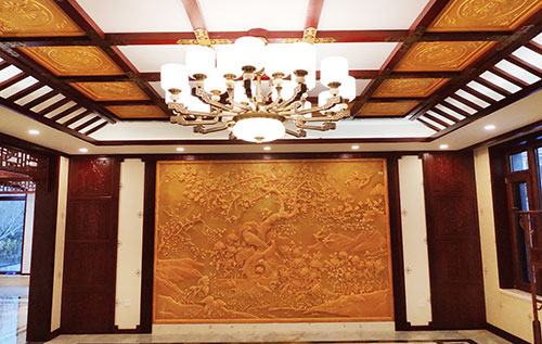 秀英中式别墅客厅中式木作横梁吊顶装饰展示